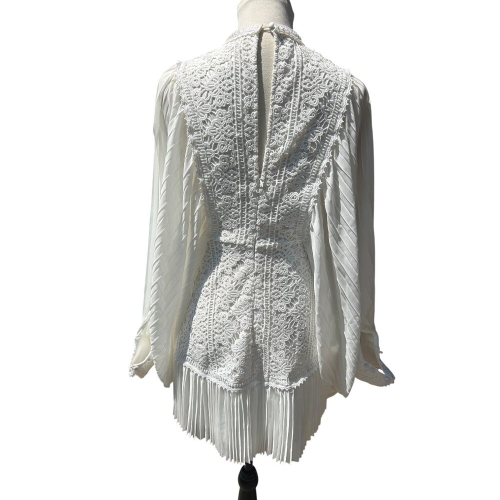 White Chiffon Crochet Mini Dress Sz M Exaggerated Balloon Sleeve Pleated Whimsy - Picture 4 of 13